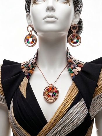 Parure Collier & Boucles d'oreilles Dorés - Cercles Résine Multicolore (Neuf)