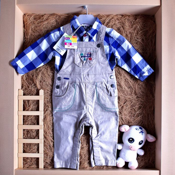 DPAM - NEW - ENSEMBLE 2P BÉBÉ GARÇON IMPRIMÉ VICHY & BRODERIES FANTAISIES 6M