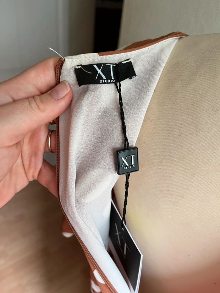 Jolie robe chic mi-saison marron à pois blancs T. L femme neuve avec étiquette - photo numéro 10