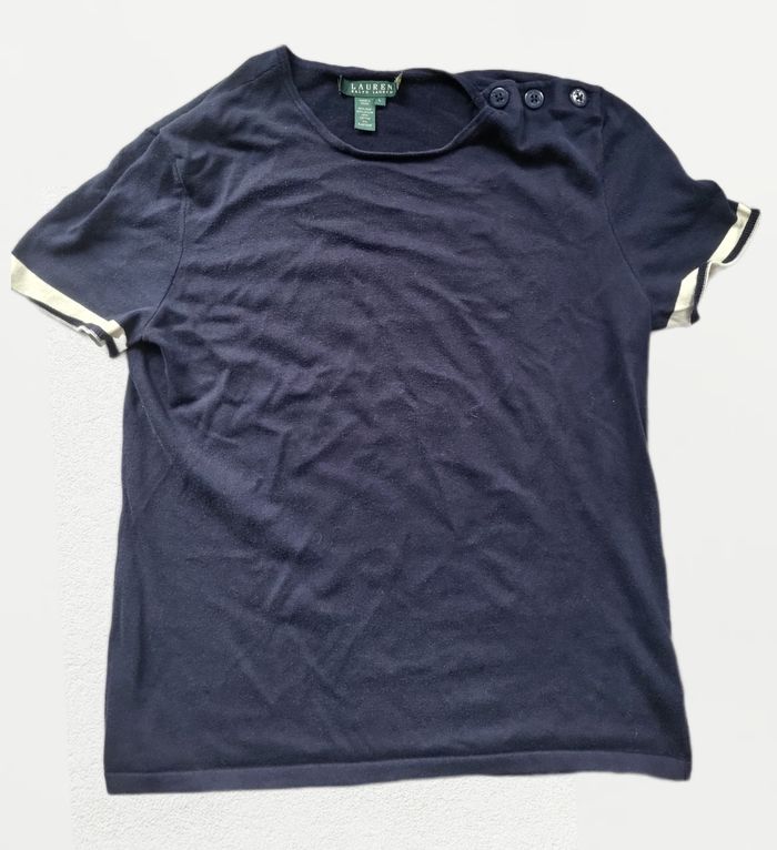💙 T-shirt maille femme Lauren Ralph Lauren – Bleu marine – Taille L – Détails boutons
