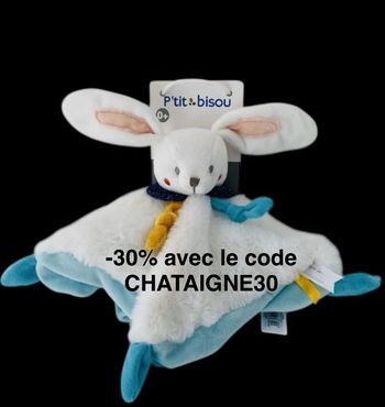 ❤️B4142 Doudou Plat Mouchoir Lapin blanc Bleu Lulu & Maël P'tit bisou