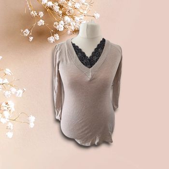 Robe en laine beige avec col V dentelle – Taille s