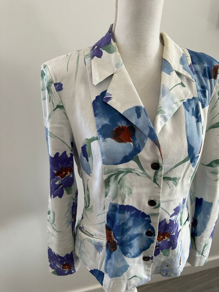 Blazer en jean denim à fleurs blanc et bleu Léa Kanth Y2K Vintage T40 L - photo numéro 2