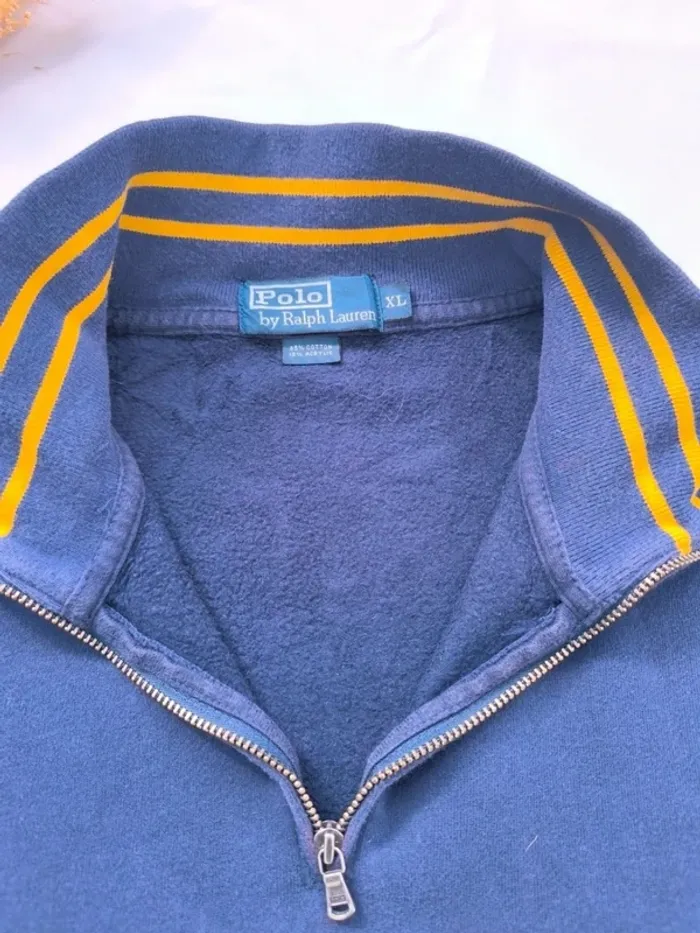 Pull homme 1/4 zippé Ralph Lauren taille XL Bleu avec col rayé jaune - photo numéro 7