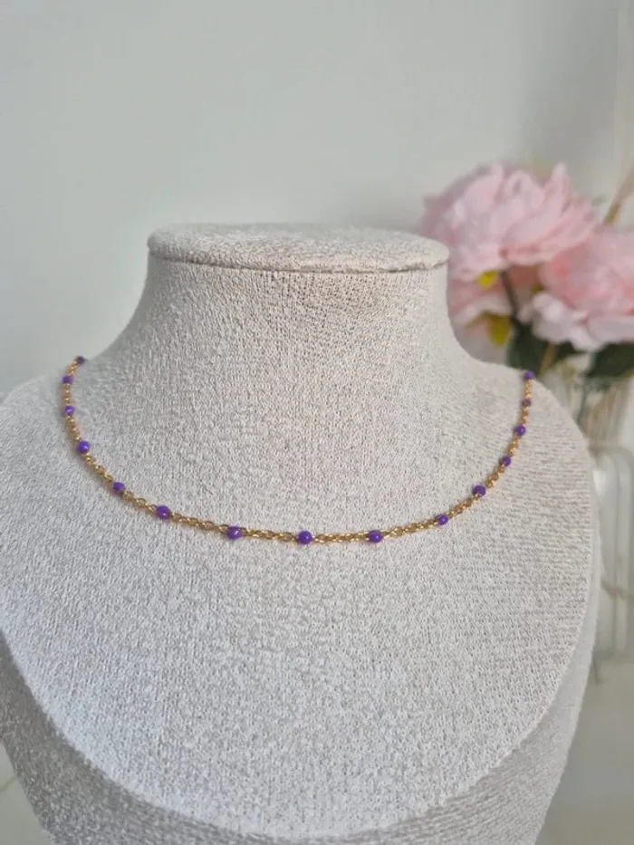 Parure collier + bracelet perles Violettes en acier inoxydable style gigi zag - photo numéro 4
