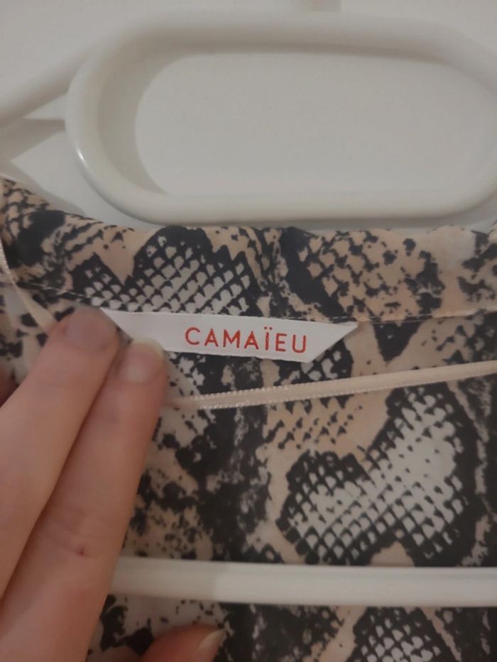 Blouse cache cœur croisé femme col V serpent rose gris T42 TBE camaïeu - photo numéro 2