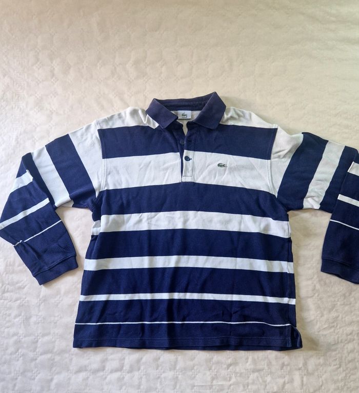 Polo manches longues  , homme , Lacoste , Devanlay  , vintage , a rayures  , rugby style  , bleu , blanc  , taille  XL