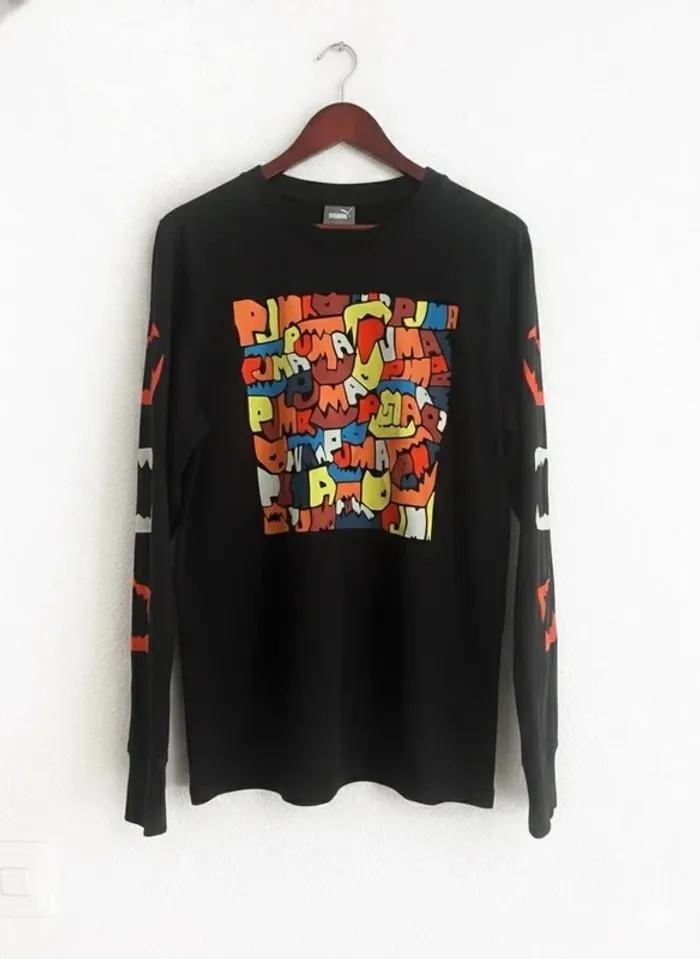T-shirt vintage Puma à manches longues, entièrement noir, grand logo