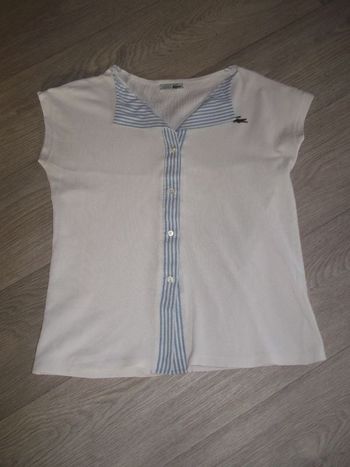 Polo tee shirt LACOSTE blanc et empiècement rayé blanc bleu ciel 40 TBE