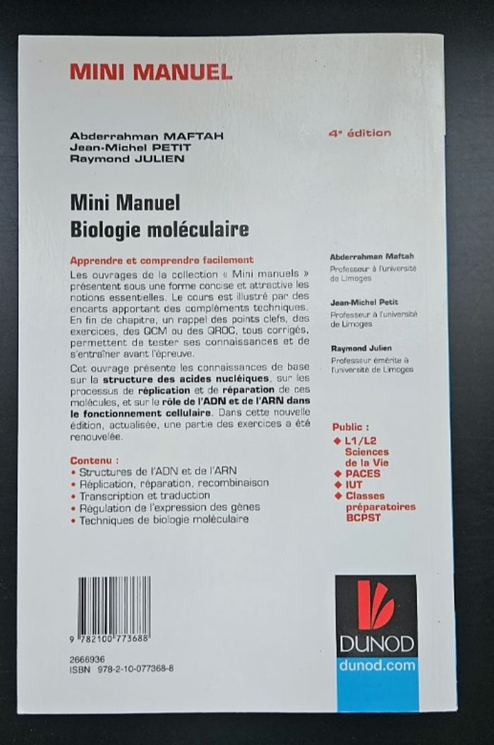 Manuel Biologie moléculaire - Cours + QCM + QROC - Licence/Prépa/Master - photo numéro 2