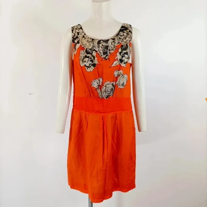 Robe d'été Orange, plastron fleurs Col rond et dos en V Taille M - Coton/Soie A440