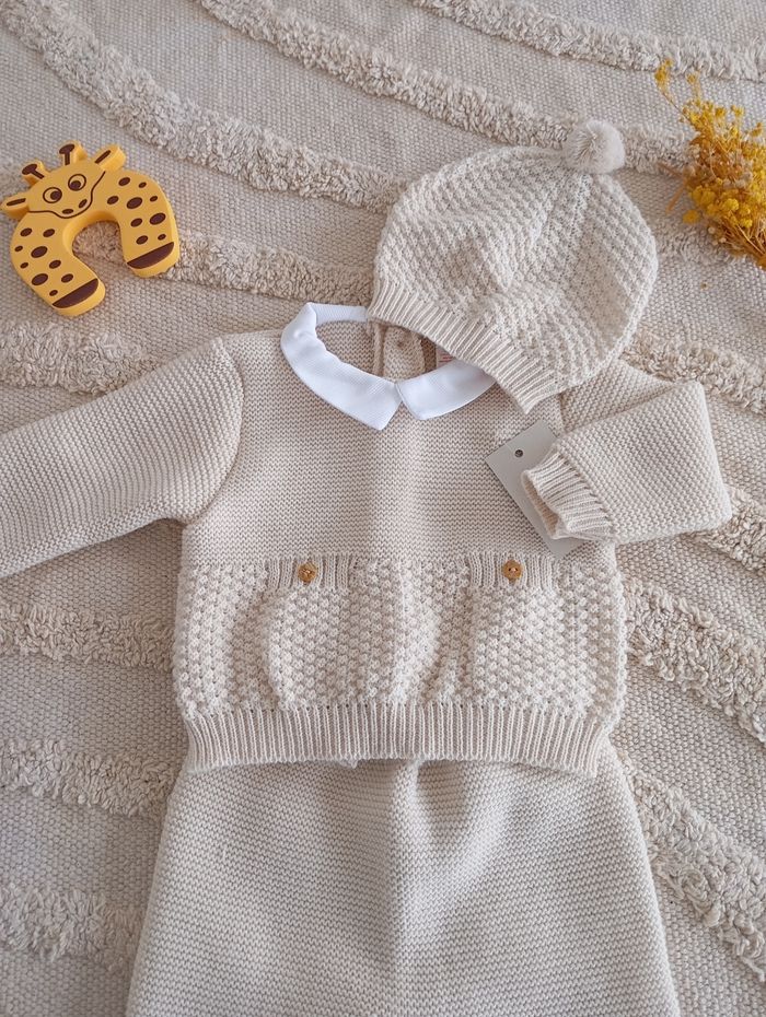 Ensemble bébé beige bonnet pompon - photo numéro 2