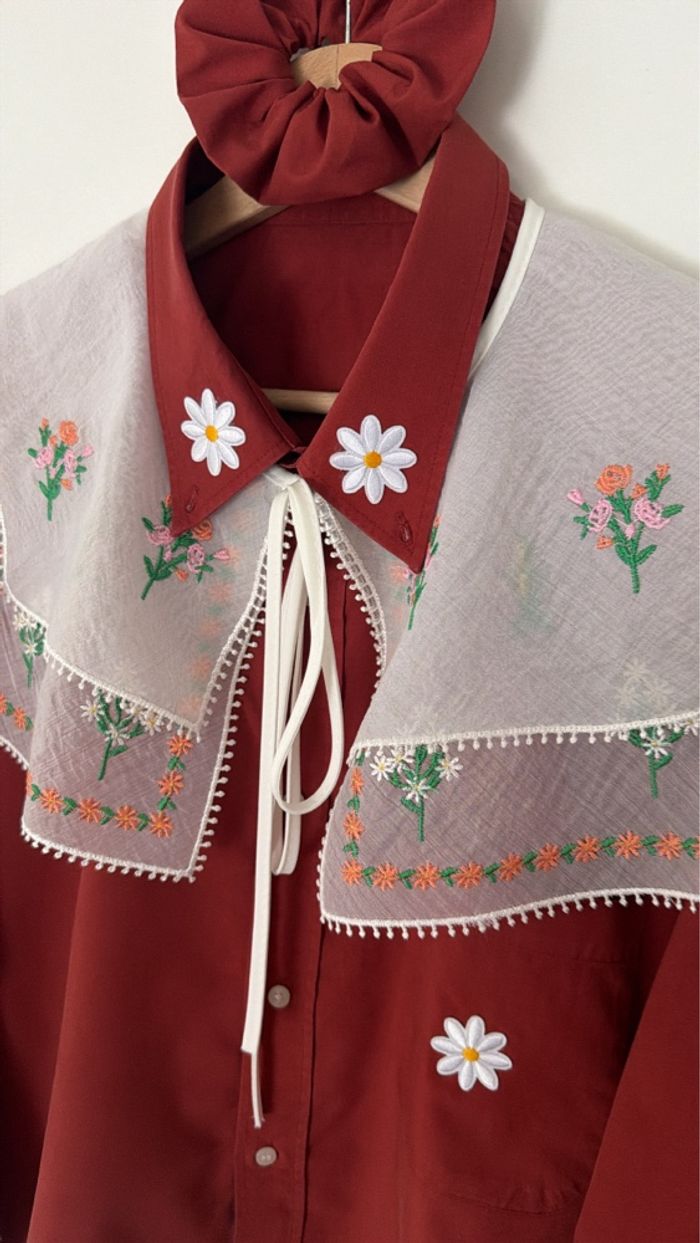 chemise coton fluide oversize rouge brique maxi col chic blanc brodé vintage - photo numéro 3