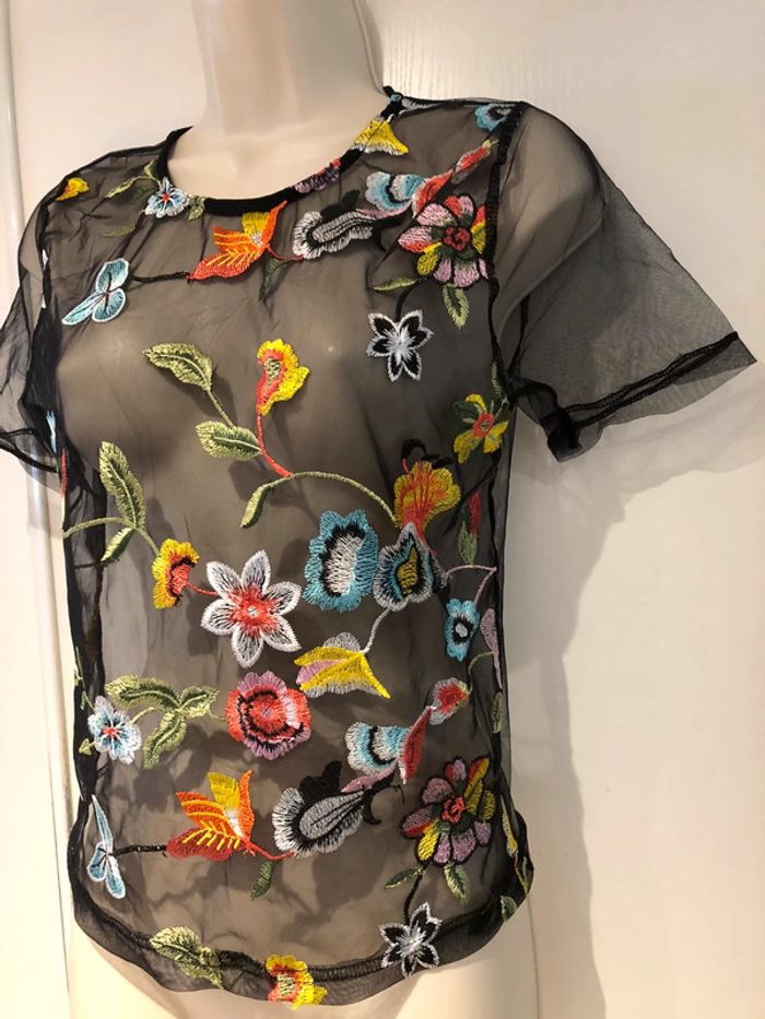 T-shirt habillé transparent broderie multicolore t 36 - photo numéro 15