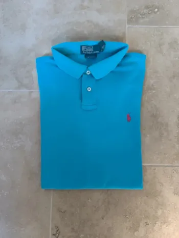 Polo Ralph Lauren homme XL bleu clair logo rose stretch
