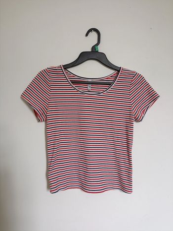 T-shirt côtelé rayé  rouge bleu blanc vintage rayures