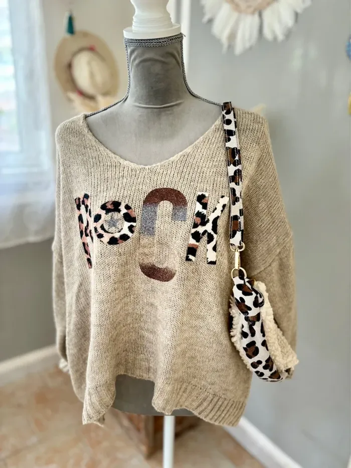 Pull marron-beige avec inscription Rock léopard -Taille unique - photo numéro 3