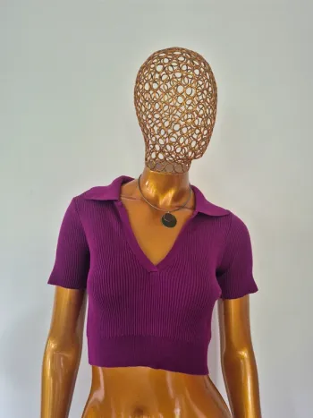 Top Court Col V Manches Courtes Violet Femme Taille S/M