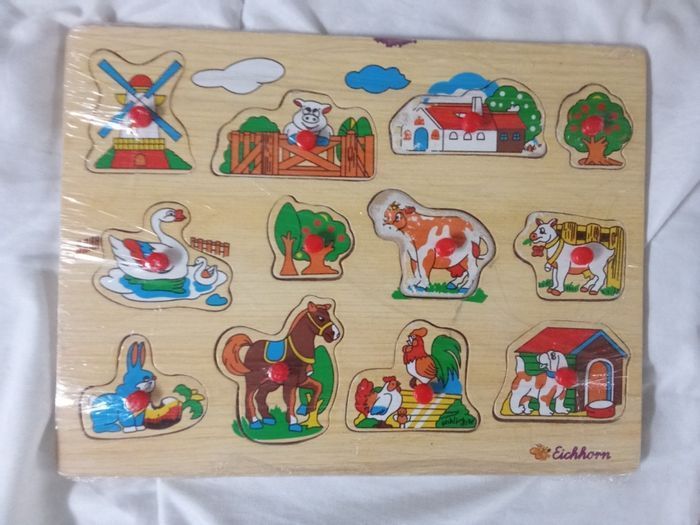 Puzzle en bois la ferme 12 pièce, dès 1 an, 24 pièces, animaux, personnages