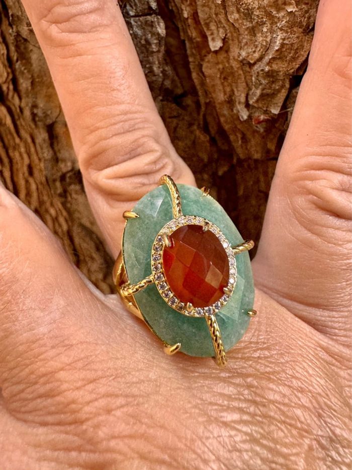 Grosse bague habaha Paris acier inoxydable or cornaline et jade vert zircons - photo numéro 3