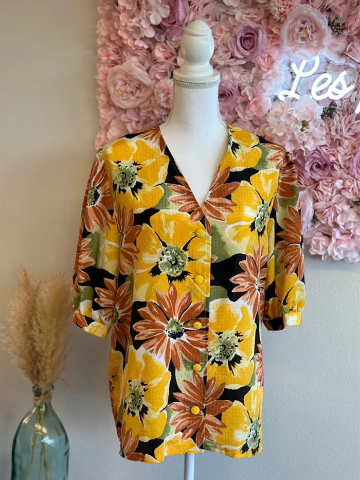 Chemise jaune imprimée fleurs, modèle vintage, taille unique - Saint Charles - photo numéro 4