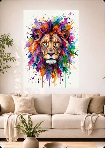 Affiche murale aquarelle "Lion coloré" décoration animal A3 Sans cadre