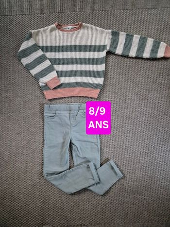 Ensemble vertbaudet pull maille et pantalon slim vert d'eau - 8/9 ans