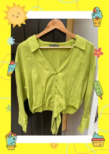 Chemisier court vert blouse XS avec ruban 34 Zara