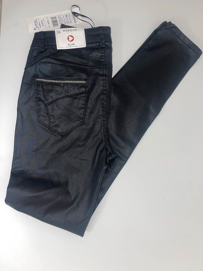 Pantalon slim noir enduit galon chaîne noir - photo numéro 2