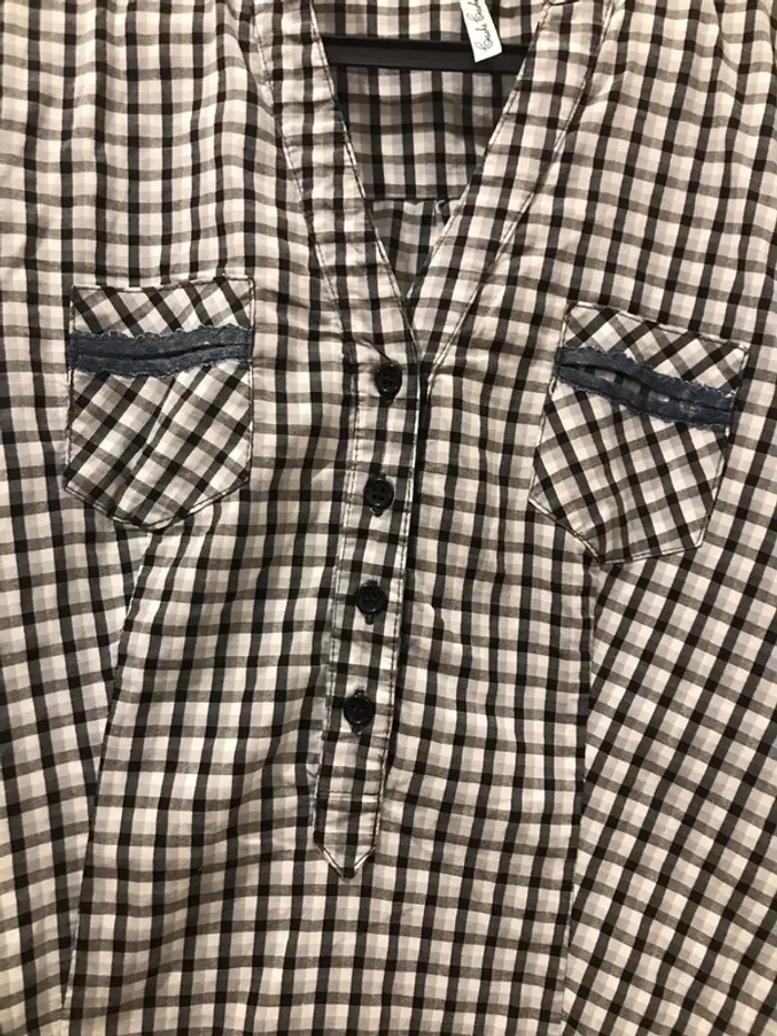 Haut femme été chemise cache cache manches courtes à carreaux noir gris blanc taille 2 - photo numéro 3