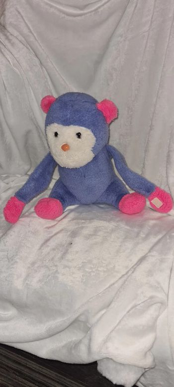 adorable peluche Singe vintage mauve rose et blanc