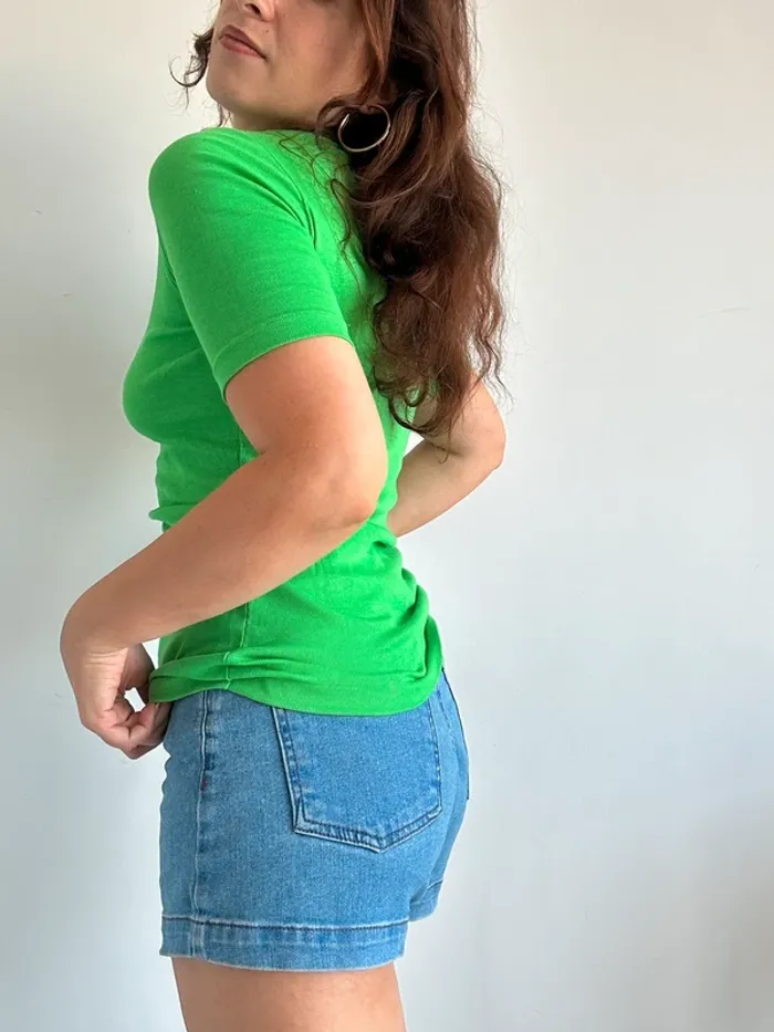 T-shirt manches courtes moulant vert vintage années 70 taille S - photo numéro 6