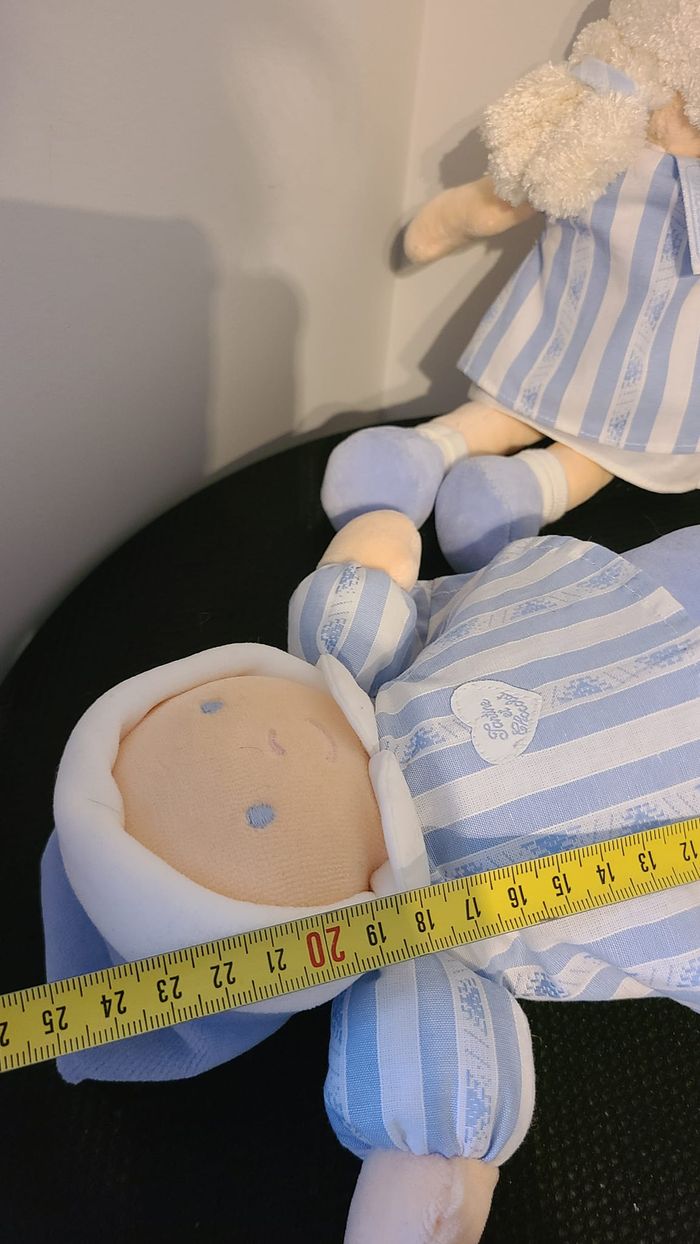 DOUDOU PELUCHE POUPÉE CHIFFON TARTINE ET CHOCOLAT BLEU BLANC RAYÉ 24CM Doudou Poupée Blonde Couette - photo numéro 9