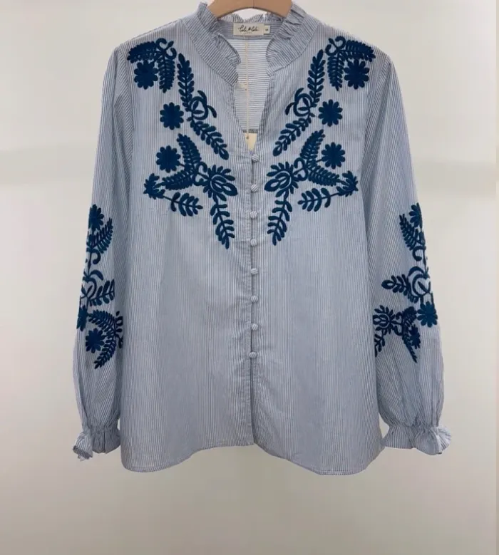 Chemise blouse bleue rayures fleurs marine coton