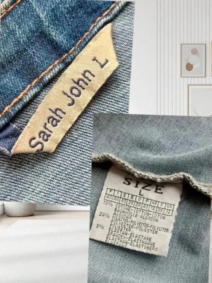 Veste jean ,Sarah John , coupe droite ,col rond , perles et strass ,texture stretch - photo numéro 5