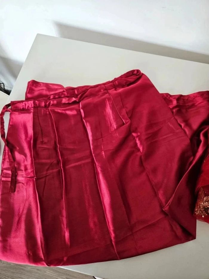 Véritable magnifique sari île Maurice brodé fait à la main rouge et vert velour robe indienne - photo numéro 6