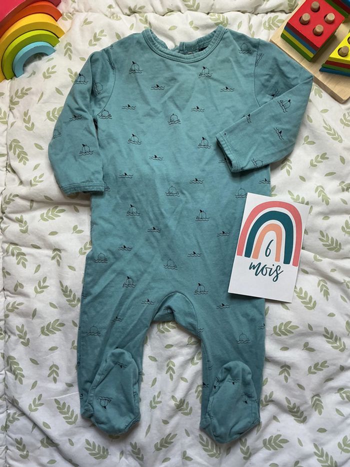 pyjama grenouillère en coton vert motifs baleine 6 mois kiabi - photo numéro 2