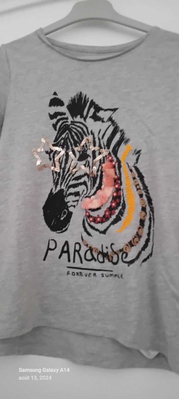 Tee shirt motif zèbre avec sequins et pampilles gris fille 10 ans vert baudet - photo numéro 3