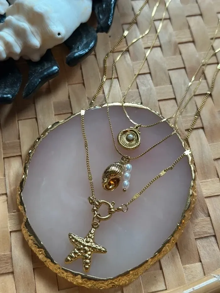 Set 3 colliers dorés pendentifs coquillage perle étoile de mer acier inoxydable – Neuf - photo numéro 4