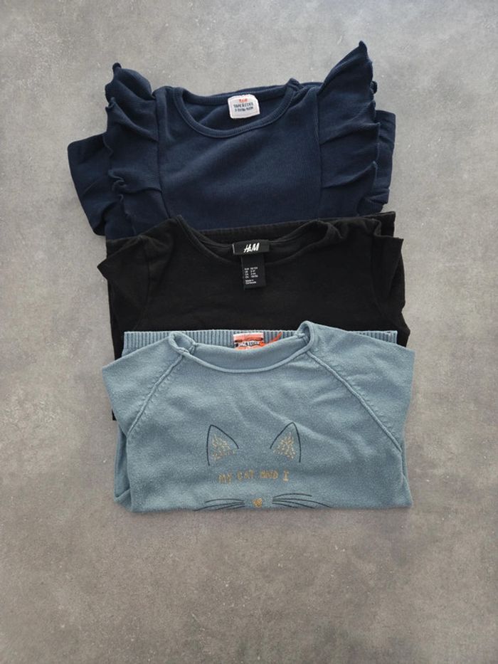 Lot 3 pull fille Tshirt manche longue bleu noir T2-4ans TBE tape à l'œil h&m