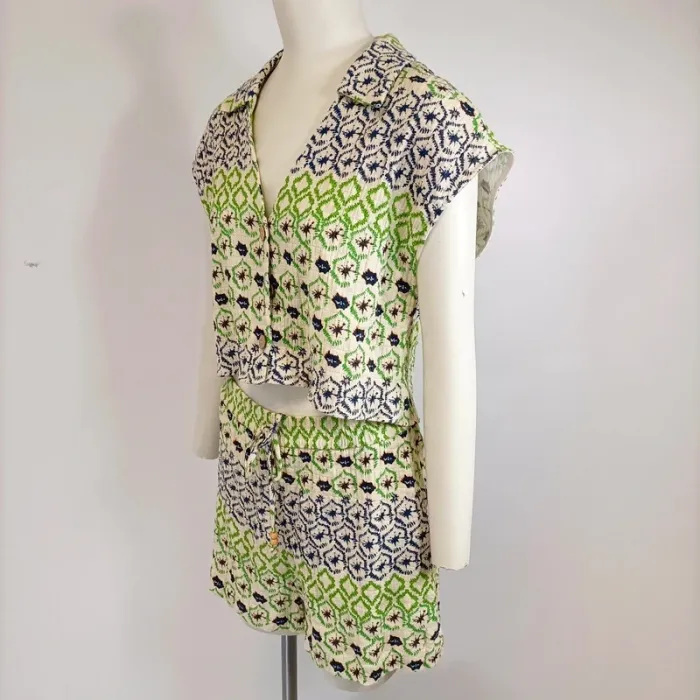 Ensemble ZARA coton imprimé ethnique vert bleu M haut boutonné + short taille cordon A567 - photo numéro 2