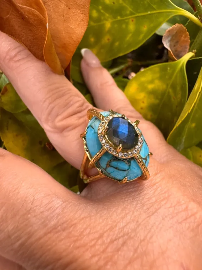 Bague habaha Paris pierres turquoise et jade bleu/reflets vert crique acier inoxydable or réglable - photo numéro 5