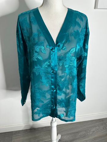 Chemise à fleurs en mesh et satin bleue turquoise Vintage T36 S