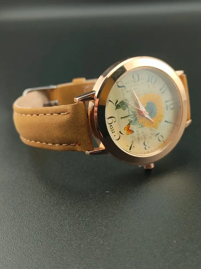 Montre marron, tournesol, vintage & bracelet de perles - photo numéro 3