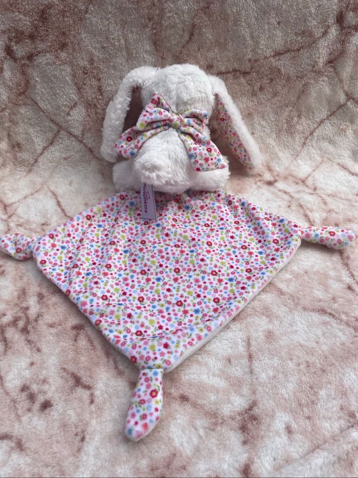 Doudou Lapin blanc mouchoir fleurs oiseau rose Pommette - photo numéro 2