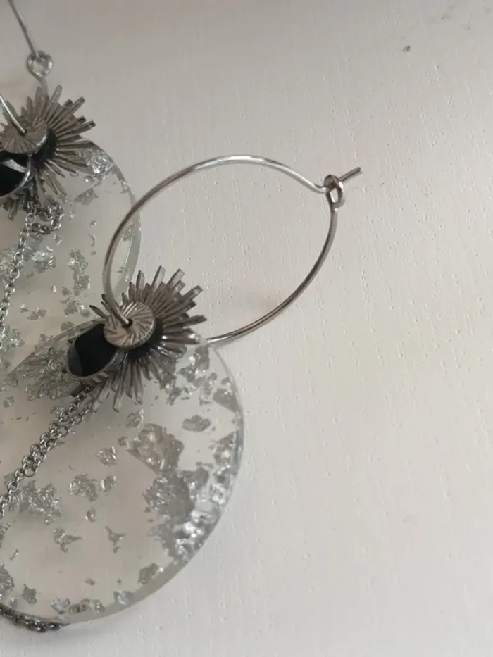 Boucles d'oreilles fantaisies transparentes argentées et noires - photo numéro 3
