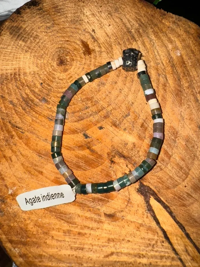 Bracelet homme réglable perles agate indienne tête de mort acier inoxydable argenté - photo numéro 2