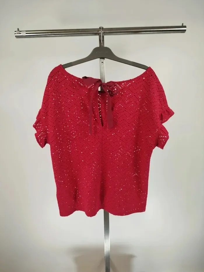 T-shirt rose fushia, manches volants broderie anglaise transparence taille M - A165 - photo numéro 4