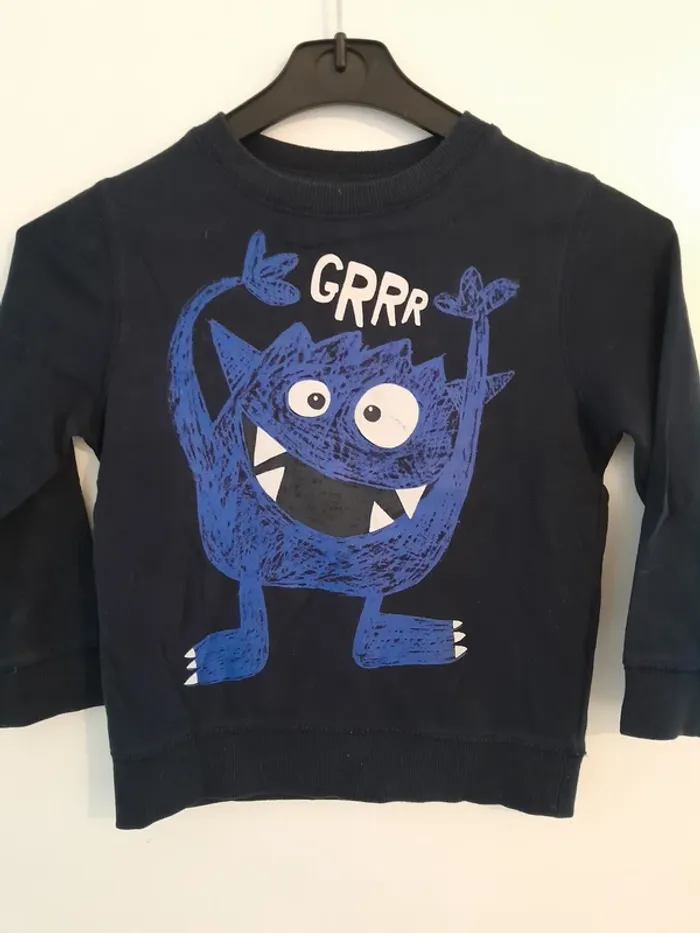 Tee-shirt, couleur bleu marine, imprimé monstre, Marque Kiabi, taille 5ans - manches longues