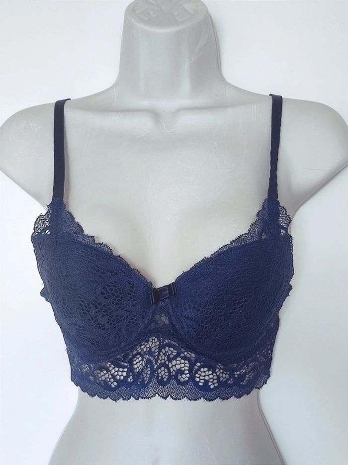 Soutien-gorge bustier bleu marine dentelle nœud/ Eldys - 90A